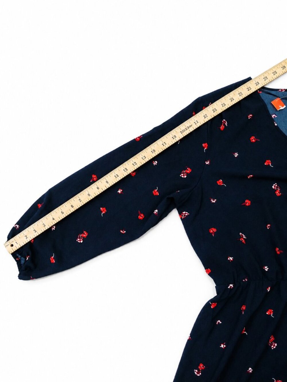 Joe Fresh+ Empire Waist Floral Dress 2X Navy Blue Long Sleeve V-Neck Cherry - Picture 2 of 5